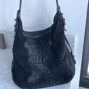 Donald J Pliner black suede and croc embossed bag